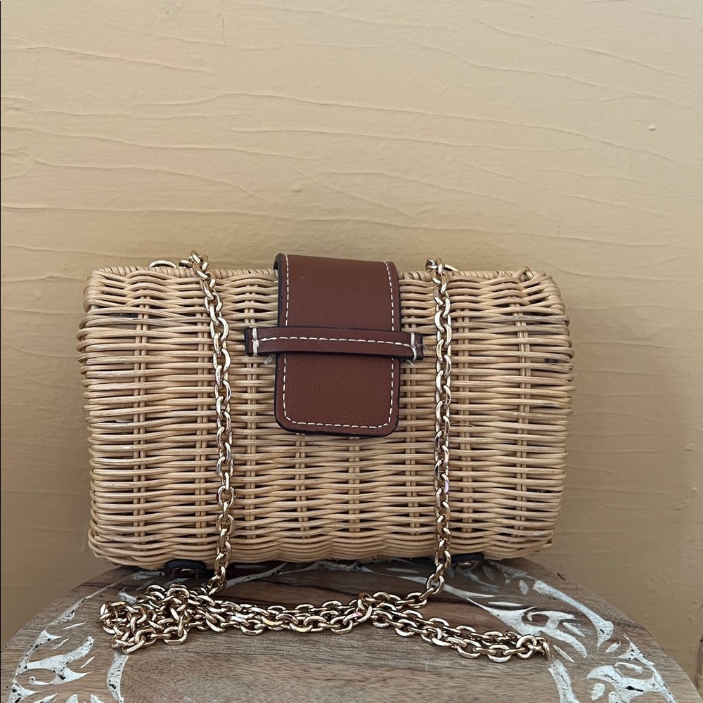 Mango Tan Woven Crossbody Bag with Chain Strap